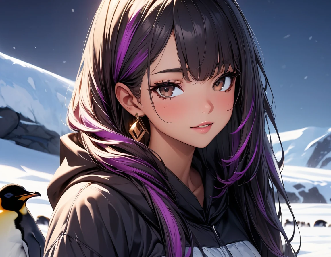 (highest quality:1.2, Very detailed, up to date, Vibrant, Ultra-high resolution, High Contrast, masterpiece:1.2, highest quality, Best aesthetics), Portraiture、girl、((25-years-old:1)), Bright colors、Beautiful fine details、Beautiful lip detail, long hair、black and purple ((streaked hair:1.6)), highlights hair: 1.5, brown eyes, gold earrings, ((slim body:1.4)), (small breast:0.7), (dark skin:0.5), (Antarctic:1), penguin, sexy Winter clothes, upper body,