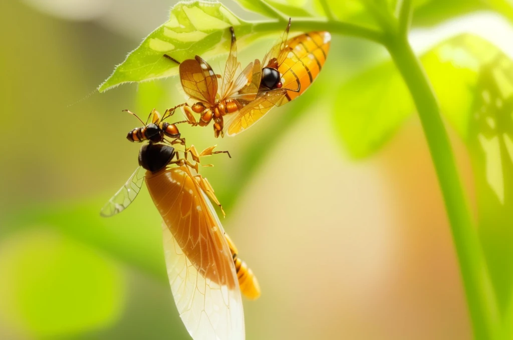 There are two bugs on a plant with leaves, Cicada Wings, insect, that looks like a insect, insects, insect wings, Macro photos, insectoid, photo of a crazy wasp, Dragonfly shaped, Scratch the surface, detailed. insect like, Macro image, Macro photosgraphy, mystical insects, Worms in the human body, Animal mating