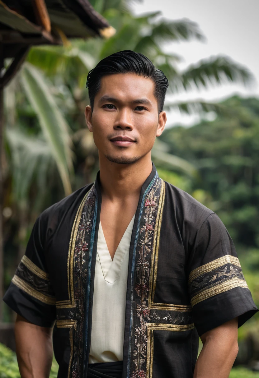 Handsome Filipino man with dark hair and masculine build. He is wearing traditional Filipino clothing. 