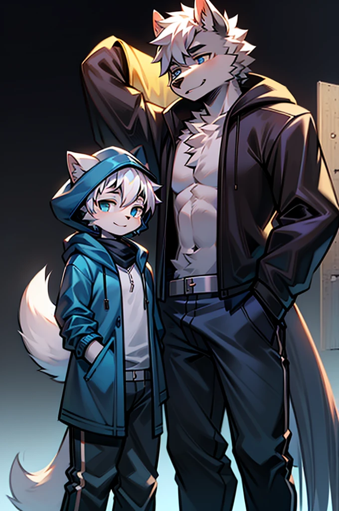 All staff side，walk，Anime style，Dark scene，Large background light source，five characters，The first one：hairy，13 years old，Young style，Handsome，Bright Eyes，Male wolf，Dark blue hair，White hair on the face，Blue Eyes ，Ear hair，Eye hair，Tail blue and white，Gray blue coat，Casual shorts，With a hood，Height 1.6 meters，Calm。The second：hairy，14 years old，Bright Eyes，Lovely，Male cats，White eyes，Blonde hair，White hair on face，Yellow and white tail，Grey short-sleeved shorts，casual-style，Height 1.6 meters，Wearing a cape，optimistic。The third：Furry Anthropomorphic，Deep eyes，14 years old，Handsome，Male wolf，Gray-black hair，Big gray tail，Wrapped in a black scarf，Wearing a grey coat，Hands in pockets，trousers，Height 1.7 meters，mysterious，Calm。The fourth：Furry Anthropomorphic，Bright Eyes，14 years old，Lovely，Male cats，White hair all over，White eyes，Height 1.6 meters，There are several black tree-like lines on the face，Blue windbreaker and shorts，The tail is slightly pale white，Calm。Fifth：Male yellowish white fur, 16 years old，blue eyes, White hair (long), Wearing blue shorts and boxer shorts, Casual Clothing, Young Style, Height 1.7 meters, Handsome, Has a tail，Bright Eyes。