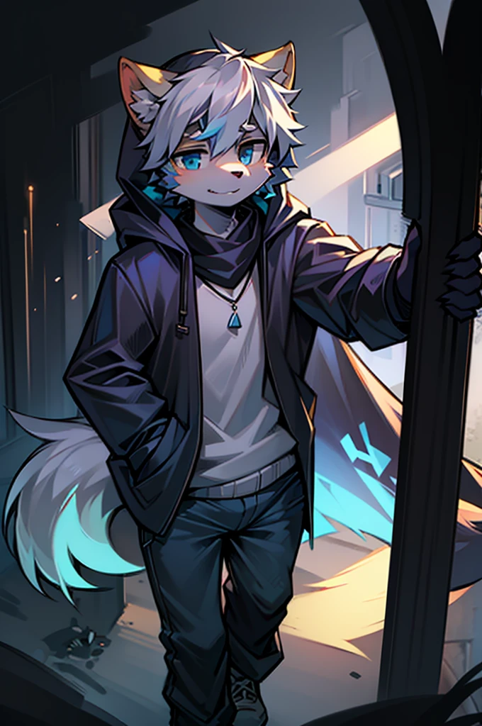 All staff side,walk,Anime style,Dark scene,Large background light source,five characters,The first one:hairy,13 years old,Young style,Handsome,Bright Eyes,Male wolf,Dark blue hair,White hair on the face,Blue Eyes ,Ear hair,Eye hair,Tail blue and white,Gray blue coat,Casual shorts,With a hood,Height 1.6 meters,Calm。The second:hairy,14 years old,Bright Eyes,Lovely,Male cats,White eyes,Blonde hair,White hair on face,Yellow and white tail,Grey short-sleeved shorts,casual-style,Height 1.6 meters,Wearing a cape,optimistic。The third:Furry Anthropomorphic,Deep eyes,14 years old,Handsome,Male wolf,Gray-black hair,Big gray tail,Wrapped in a black scarf,Wearing a grey coat,Hands in pockets,trousers,Height 1.7 meters,mysterious,Calm。The fourth:Furry Anthropomorphic,Bright Eyes,14 years old,Lovely,Male cats,White hair all over,White eyes,Height 1.6 meters,There are several black tree-like lines on the face,Blue windbreaker and shorts,The tail is slightly pale white,Calm。Fifth:Male yellowish white fur, 16 years old,blue eyes, White hair (long), Wearing blue shorts and boxer shorts, Casual Clothing, Young Style, Height 1.7 meters, Handsome, Has a tail,Bright Eyes。