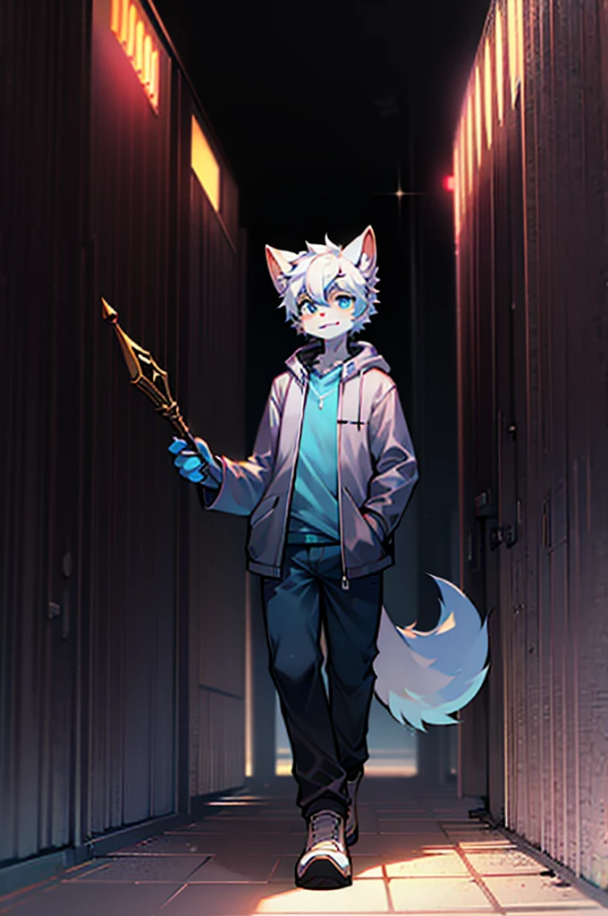All staff side,walk,Anime style,Dark scene,Large background light source,five characters,The first one:hairy,13 years old,Young style,Handsome,Bright Eyes,Male wolf,Dark blue hair,White hair on the face,Blue Eyes ,Ear hair,Eye hair,Tail blue and white,Gray blue coat,Casual shorts,With a hood,Height 1.6 meters,Calm。The second:hairy,14 years old,Bright Eyes,Lovely,Male cats,White eyes,Blonde hair,White hair on face,Yellow and white tail,Grey short-sleeved shorts,casual-style,Height 1.6 meters,Wearing a cape,optimistic。The third:Furry Anthropomorphic,Deep eyes,14 years old,Handsome,Male wolf,Gray-black hair,Big gray tail,Wrapped in a black scarf,Wearing a grey coat,Hands in pockets,trousers,Height 1.7 meters,mysterious,Calm。The fourth:Furry Anthropomorphic,Bright Eyes,14 years old,Lovely,Male cats,White hair all over,White eyes,Height 1.6 meters,There are several black tree-like lines on the face,Blue windbreaker and shorts,The tail is slightly pale white,Calm。Fifth:Male yellowish white fur, 16 years old,blue eyes, White hair (long), Wearing blue shorts and boxer shorts, Casual Clothing, Young Style, Height 1.7 meters, Handsome, Has a tail,Bright Eyes。
