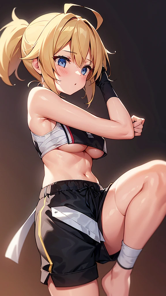 1girl, bandaged boob, ponytails , short pants, blonde hair, karate