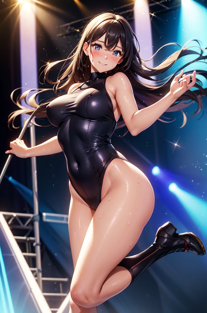 (high quality, High resolution, The finer details), Realistic, A woman wearing a thin, small-sized high-leg leotard, BREAK twirling, Raising his leg vigorously, A powerful leap, alone, A woman with a plump, curvaceous figure, Sparkling eyes, (Detailed eyes), smile, blush, (Sweat), (Oily skin), Dramatic lighting effects, Shallow depth of field, Spotlights on stage, Contrasting Shadows, Bokeh, Studio Lighting