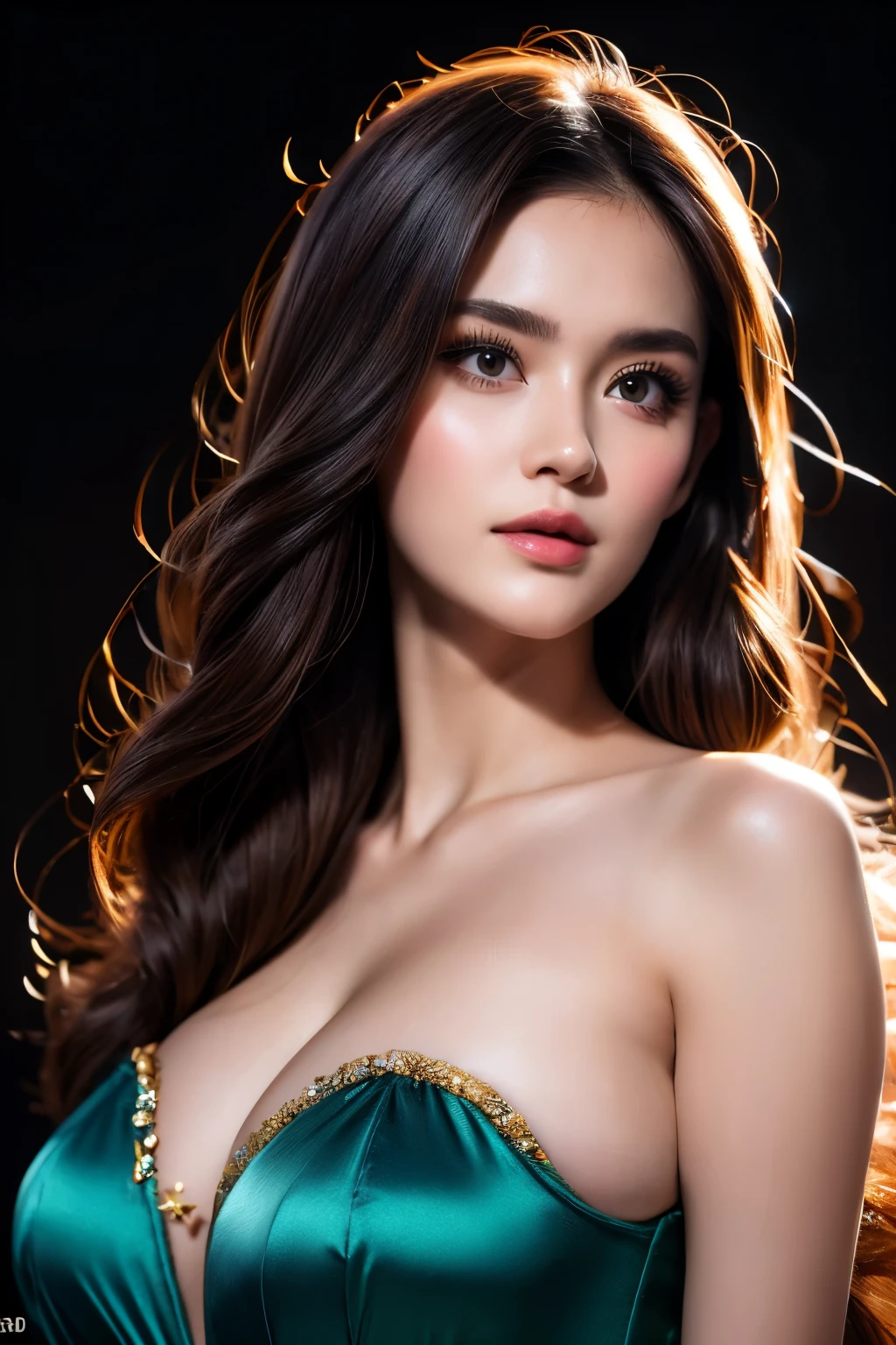 Score9_up, score8_up, (masterpiece:1.5), intricately detailed, uhd, absurd resolution, 16k, perfect lighting, RAW photo, sharp focus, photorealistic Realism 8K, 16K, Quality, professional-grade photograph, best, high quality real texture skin, best, high quality real texture hair, Stunning beautiful girl, wearing peacock costume sexy clothes. professionally retouched, soft lighting, realistic, smooth face, perfect eyes, sharp focus on eyes, 8 k, high definition, insanely detailed, intricate, elegant. dark black background, perfect lighting , focus on girl