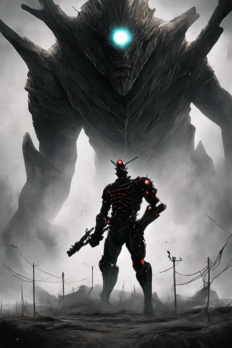 (((Highest quality)))(((Best Image)))外見は黒いfog,Put on your armor,Modern Battle Suit(((Appearance)))The shape is humanoid,Modern weapons(((Features)))Eyes glowing red,The shape is made of purple glowing matter..(((male)))The skeleton is human-like、Muscle fibers are visible.,fogのようなもので構築している(((background)))Barren Land,dead tree,fog,Chaotic world(((Standing posture)))Battle Scenes,overwhelmingly strong,Highest quality。