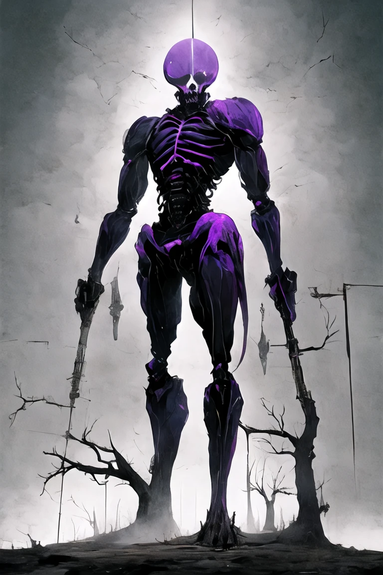 (((Highest quality)))(((Best Image)))外見は黒いfog,Put on your armor,Modern Battle Suit(((Appearance)))The shape is humanoid,Modern weapons(((Features)))Eyes glowing red,The shape is made of purple glowing matter..(((male)))The skeleton is human-like、Muscle fibers are visible.,fogのようなもので構築している(((background)))Barren Land,dead tree,fog,Chaotic world(((Standing posture)))Battle Scenes,overwhelmingly strong,Highest quality。