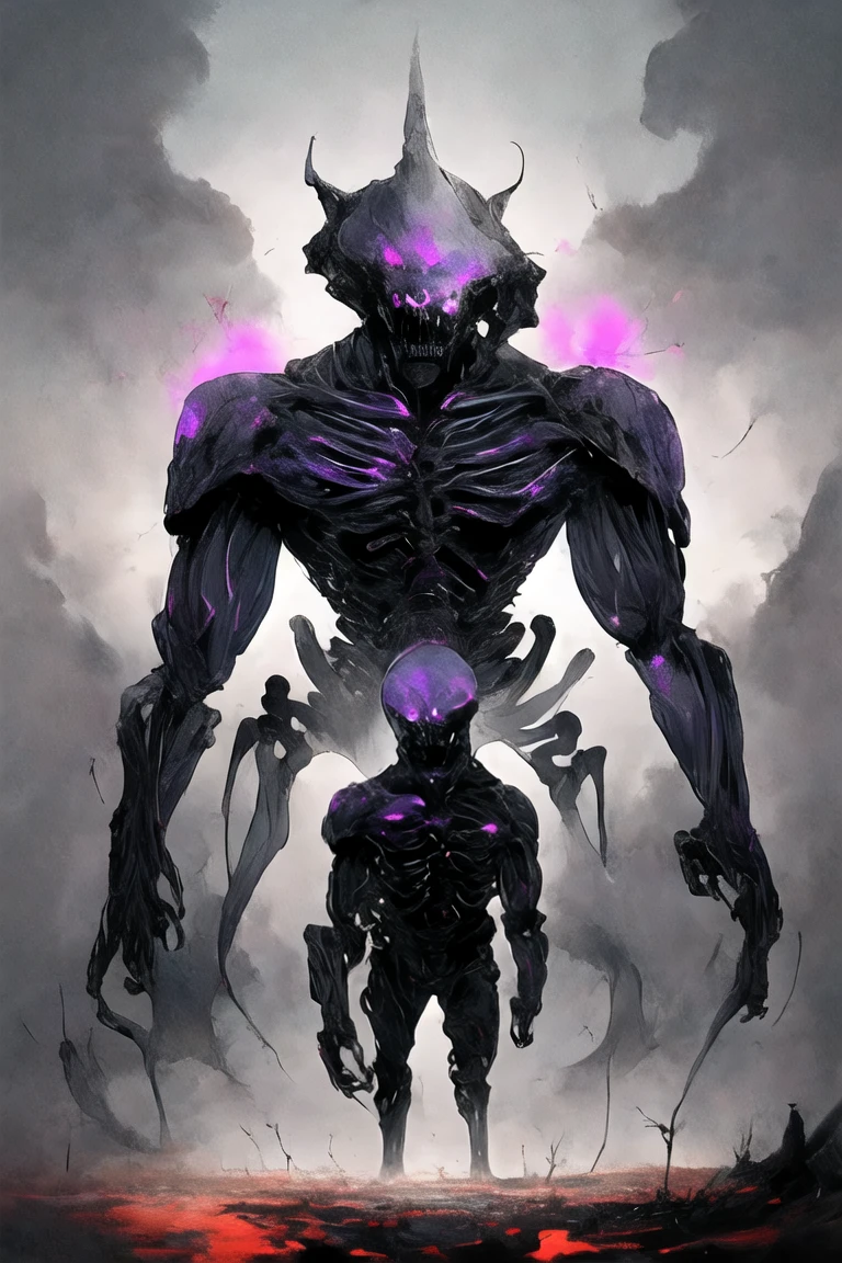 (((Highest quality)))(((Best Image)))外見は黒いfog,Put on your armor,Modern Battle Suit(((Appearance)))The shape is humanoid,Modern weapons(((Features)))Eyes glowing red,The shape is made of purple glowing matter..(((male)))The skeleton is human-like、Muscle fibers are visible.,fogのようなもので構築している(((background)))Barren Land,dead tree,fog,Chaotic world(((Standing posture)))Battle Scenes,overwhelmingly strong,Highest quality。