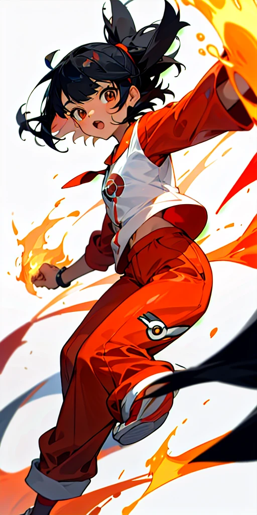 16 Year old girl, straight black hair with bangs, tan skin, fire type trainer, cute expression, Pokemon trainer outfit, red outfit, pajama pants 