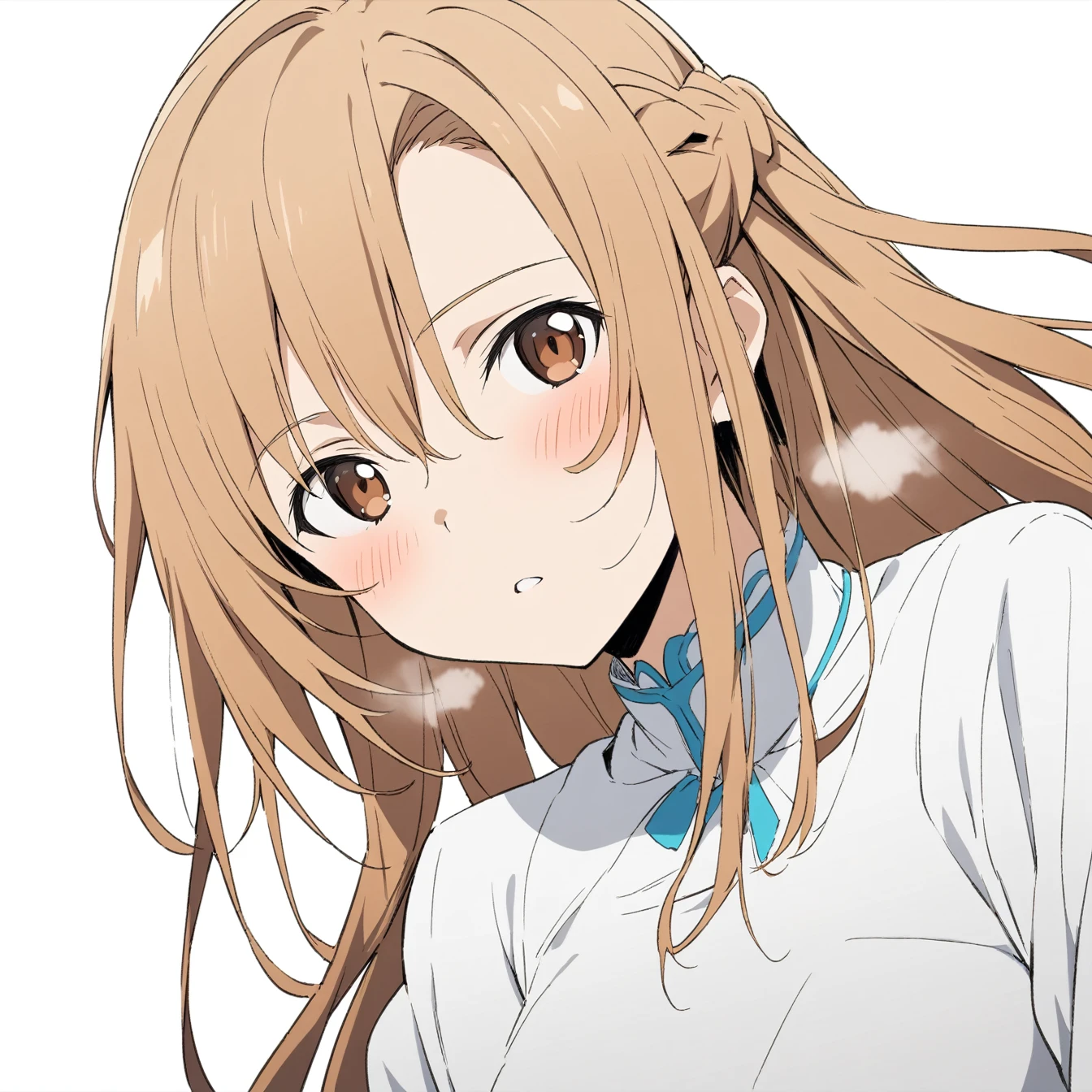 1 Girl, Asuna，Sword Art Online，，Solitary, Viewers, Pure white background，blush, Brown eyes,breathe, avatar，Half Body，Comic style without color，angle, masterpiece, best quality