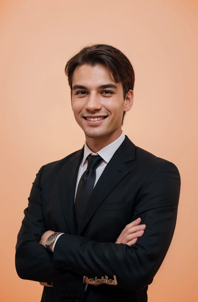 Frontal view , Portrait of man in black suit smiling , orange background editorial style highdefinition ultrarealistic details in the style of portrait photography
