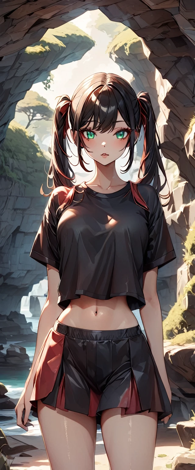 Photo of a girl with natural skin, ((Baby Face)), Round face, A girl wearing mainly black and red, Cowboy Shot, Seaside cave, The light is shining in, High Twintails, Black hair with red mesh, Sharp eyes with red eyeshadow, Blue-green eyes, Shining eyes, A thin, upturned nose, Well-shaped lips, ((crop top overhang, Short sleeve, Black clothes, Thighs, Glamour body)), Makeup, Exquisitely crafted with the utmost attention to detail, Vibrant, amazing, Smooth, Cinematic, 4K, Backlight, (()), Shallow depth of field, ((Detailed eyes:1.3, Detailed lips:1.3, high quality, )), masterpiece, Super detailed images, High quality