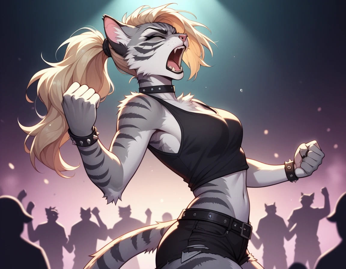 score_9,score_8_up,score_7_up, score_6_up, score_5_up,source_anime, Kat, Anthro furry feline, silver fur, grey stripes on body, closed eyes, furrowed eyebrows, open mouth, long blonde hair, undercut hair, one side of hair shaved, pink nose, :3, female, wearing black tank top, heavy metal band shirt, heavy metal band design on her shirt, black Jean short shorts, black studded bracelets, choker, nose ring, black mascara, gauged ears, simple white background, standing, heavy metal aesthetic, at a concert, metal concert, big crowd of humans, screaming, raising a fist in the air, clenched fist, side view,
