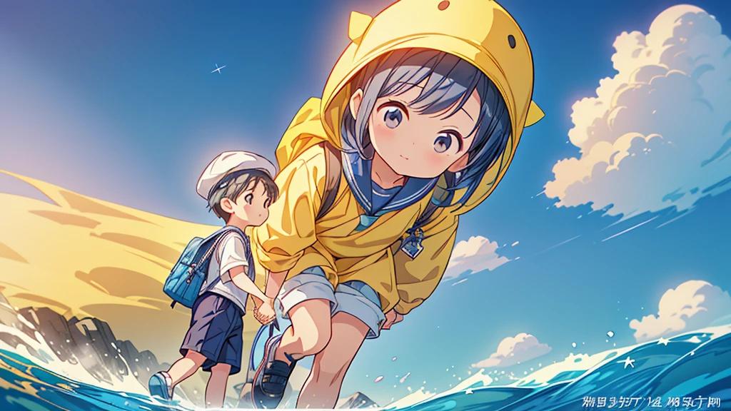 (((Mother and little boy)))、(((Highest quality、Masterpiece、Official Art、The best dynamic composition)))、Anime Style、Very detailed、8K high resolution、Holding hands and going to kindergarten with mother、The boy is carrying a rectangular yellow bag over his shoulder.、Navy blue sailor suit and navy blue shorts、White socks、Diamond Hat、