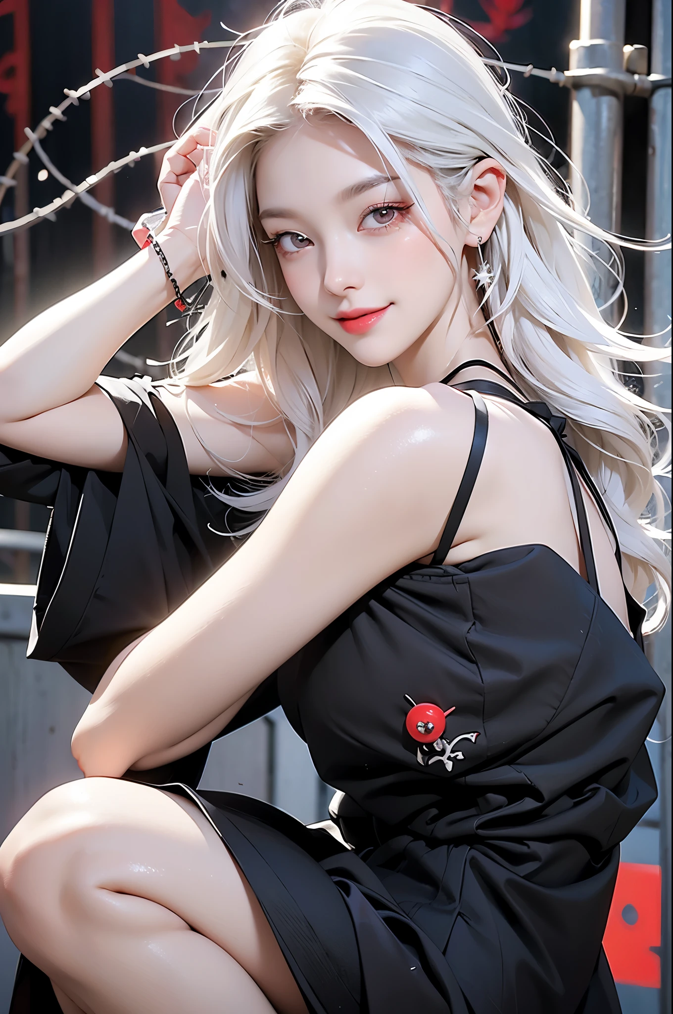 Beautiful young white-haired girl，With a pair of sharp red eyes, Lip Plumpness，A big smile, Black nails, Barbed wire everywhere(Curled black barbed wire)