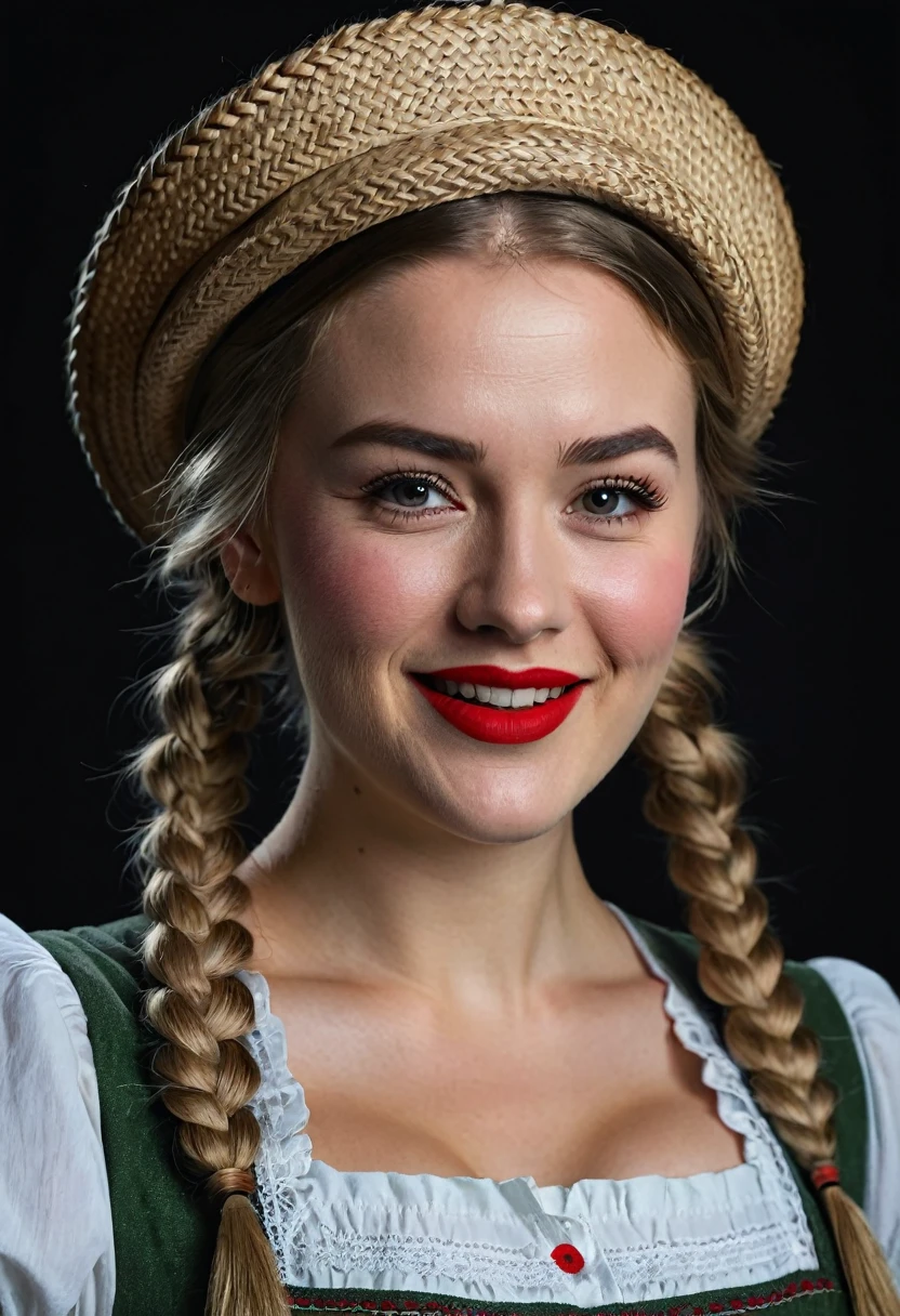 Black Forest Tourist Information Poster, young woman, french braid, dirndl, and bollenhut, red lipstick, winking with one eye, dark background