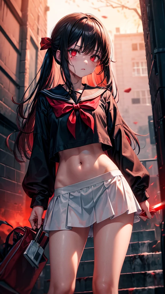 masterpiece, best quality, looking at viewer, facing viewer, bare legs, 1girl, solo, upper big body, bow, serafuku, disgusted face, night time, heavy rain, outdoors, crop top, navel, wet clothes, drenched, overly long sleeves, hands in sleeves, blood tears, blood marks, dark alleyway, blood splattered on the ground, red bright light, glowing eyes, depth of field,holding a knife,red sky, atmofer,perfect hands