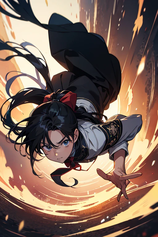 Hojo time travel, Gaze, Very long hair, Anatomically correct, Very long hair, ponytail, anime, Cowboy Shot, 8 old, boy, High resolution, falling, jumping, black hair, Upside down, 