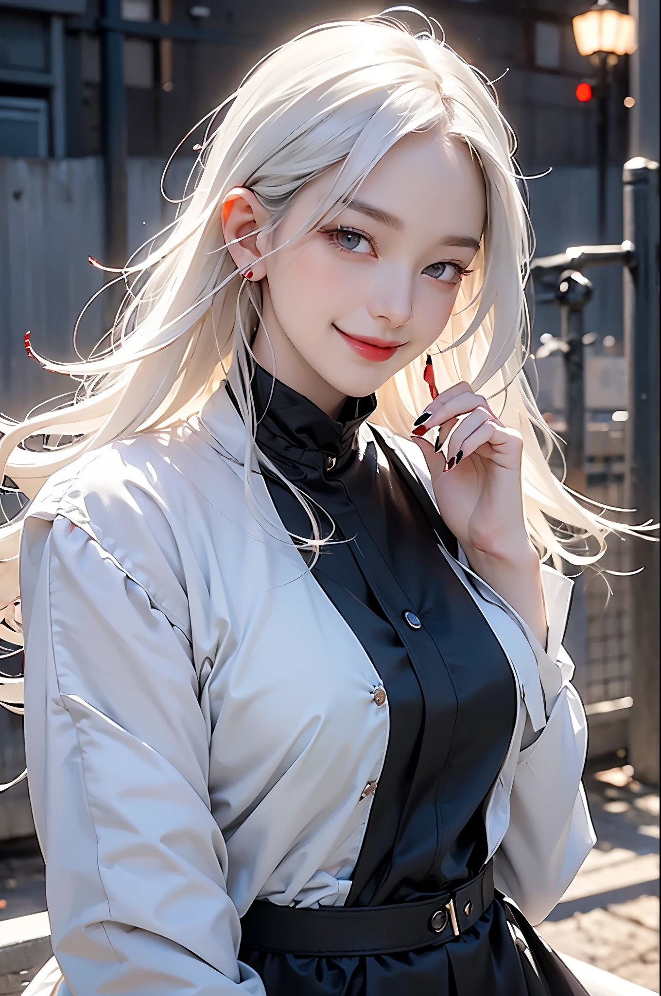 Beautiful young white-haired girl,With a pair of sharp red eyes, Lip Plumpness,A big smile, Black nails, Barbed wire everywhere(Curled black barbed wire)