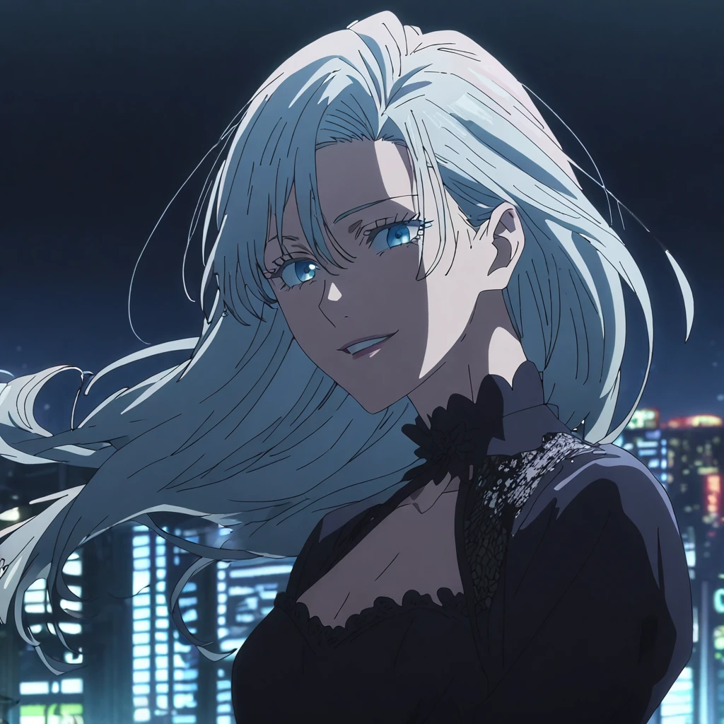 1girl, female gojo satoru, anime screencap from jujutsu kaisen, gojo satoru female version, solo, long_Silver hair, hair strands, black round sunglasses, Blue Eyes, parted_lips, smiling, looking_at_viewer, perfect background, outdoors, side view, eyelashes, (elegant prom night outfit),  hair_between_eyes, floating hair, ((hair slicked from one side)), City in background,night, ((jawline)) (( angular face shape))