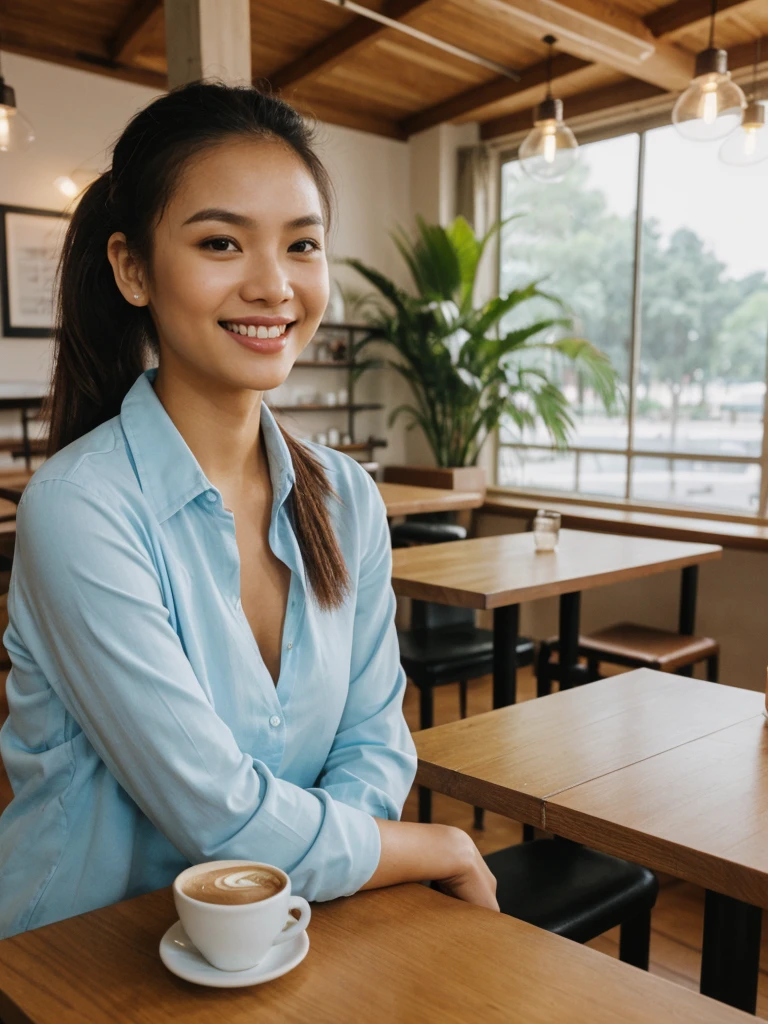 her name is Olivia, high quality, 1girl, ((27-year-old fit Filipna woman)),((Filipina nose)), ((27 years old)), ((BODY TYPE: HOURGLASS)), ((Ponytail HAIR)), ((EYE COLOR: Light blue)), ((Close-up shot), Smiling, pose: SITTING and ARMS CROSSED, wearing Casual Shirt and Short Generation-Z modern wear VARIETY colored, BACKGROUND: " Indoor: A small cafe with warm lighting, wooden tables, and the smell of freshly brewed coffee."