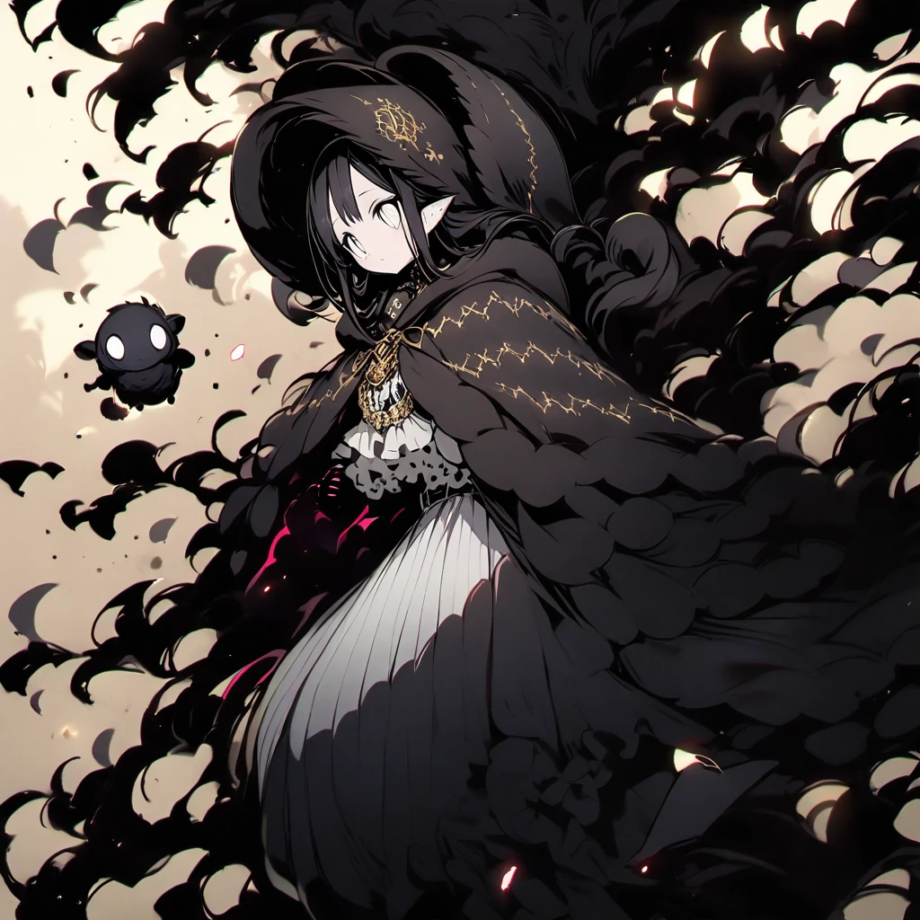 (well done: 1) small creature made completely of darkness, black hair, long straight hair, black sheep ears, black sheep tail, large hat, large white eyes, black poncho with hood, white dress stripped underneath, black boots .
