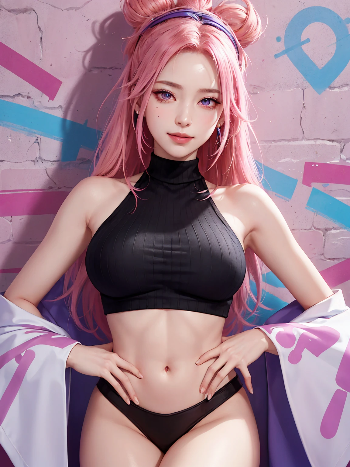 (Masterpiece, best quality, 1 girl, alone, complicated details, Chromatic aberration), realistic, ((Moderate breath)),long hair, pink hair, Red headpiece, Pink Highlights, hair on one eye,purple eyes, earring, sharp eyes, choker, Neon coat, She wears a collar, bangle, and kimono style garters., crop top, (symmetrical eyes),(Perfect symmetrical body),against the wall, Brick wall, (colorful graffiti words on the wall:1.2), The light is dim., alley ,Look at the viewer.、Dig the chest、smile、(sleeveless、Navel touch、Fitted turtleneck.)、street string hot pants、Thin bottom、Please build above the eaves..、Thin shoulders、japan Kimono