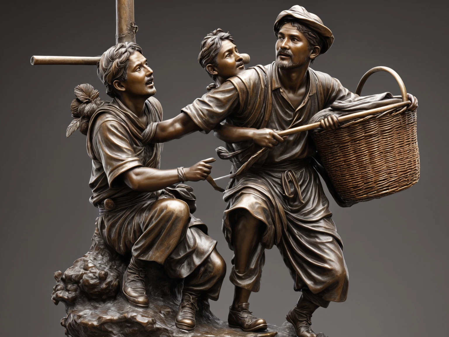 Bronze sculpture, figure sculpture, a peasant, a flat pole, basket, glittering clean picture, high quality, correct hands, towel around the neck, rich details, masterpiece of a master photographer, photographic photographs, game engine rendering