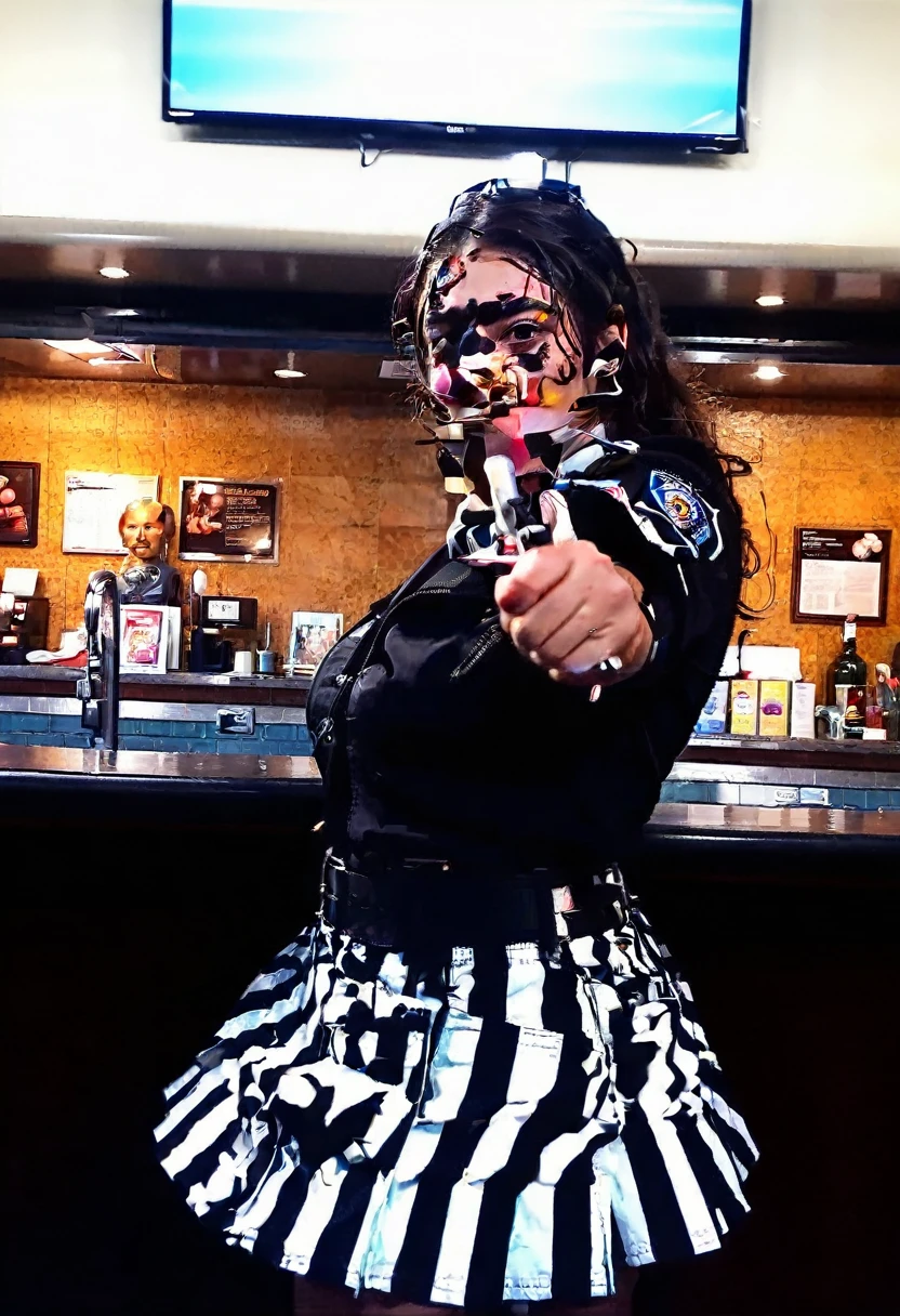selfie,beautiful ohwx woman is a Dallas police officer,is in the Crown Block resturant with her friends,police_uniform,thumbs_up,grin,looking at viewer,highly textured skin,photorealistic,film grain,skin pores,imperfections,natural,high budget,4k textures,4k resolution, cleavage, short police skirt