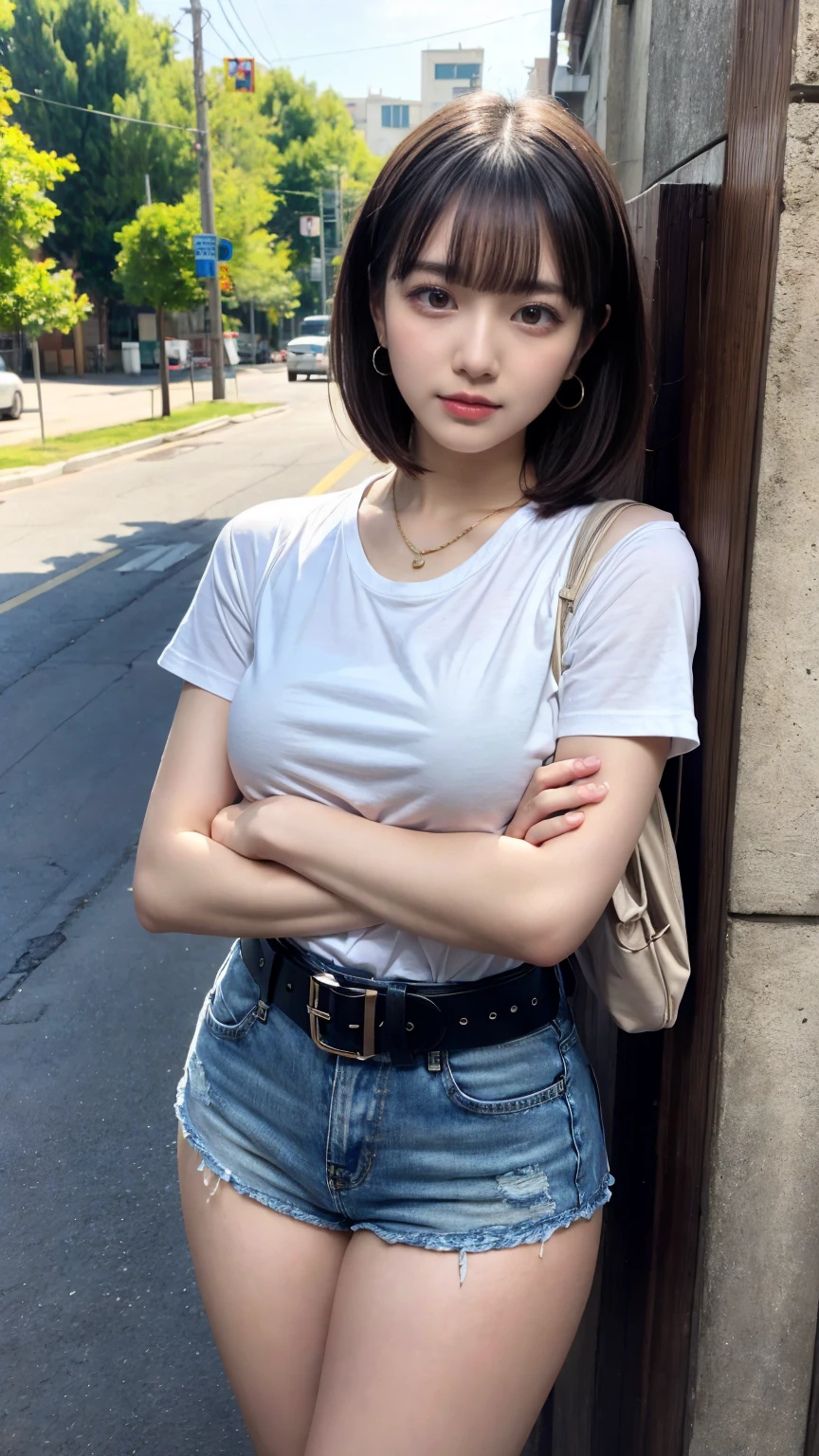 masterpiece, best quality, illustration, Super detailed, fine details, High resolution, 8K,wall paper, perfect dynamic composition, full body photo, leaning forward, crossed arms, (Details High quality, realistic depiction of eyes:1.3), 20 year old girl, Gravure Idol, cute type, huge breasts, short bob hair, black hair color, Korean style makeup, Big Natural Color Lip, thick thighs, perfect body shape, plump figure, White T-shirt with low exposure, denim short pants, Leather belt, necklace, earrings
