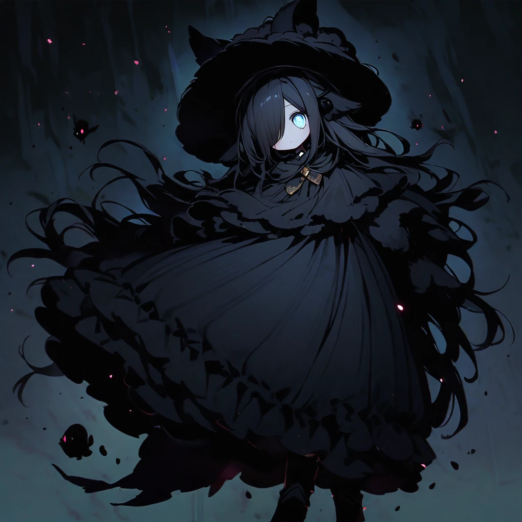 (well done: 1) small creature made completely of darkness, black hair, long straight hair, black sheep ears, black sheep tail, large hat, large white eyes, black poncho with hood, white dress stripped underneath, black boots .