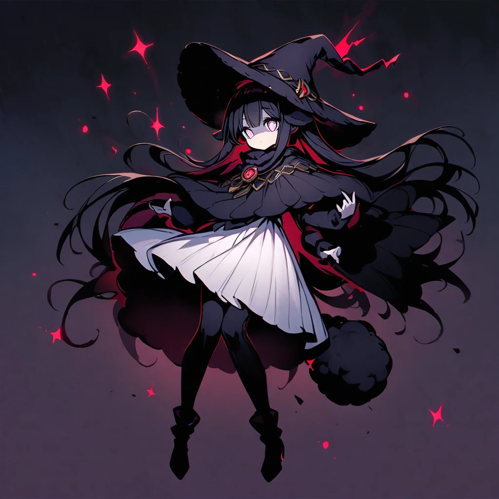 (well done: 1) small creature made completely of darkness, black hair, long straight hair, black sheep ears, black sheep tail, large hat, large white eyes, black poncho with hood, white dress stripped underneath, black boots .