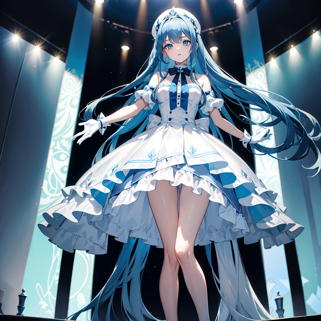 1 teen, sky-blue long hair, color blue and dark blue eyes with teardrop on the center of the eyes, wearing french styled dress with color combinations of white and blue, white and black gloves on each hand, white shorts, dark blue high heels, standing in a theater like a performer and bows to audience,