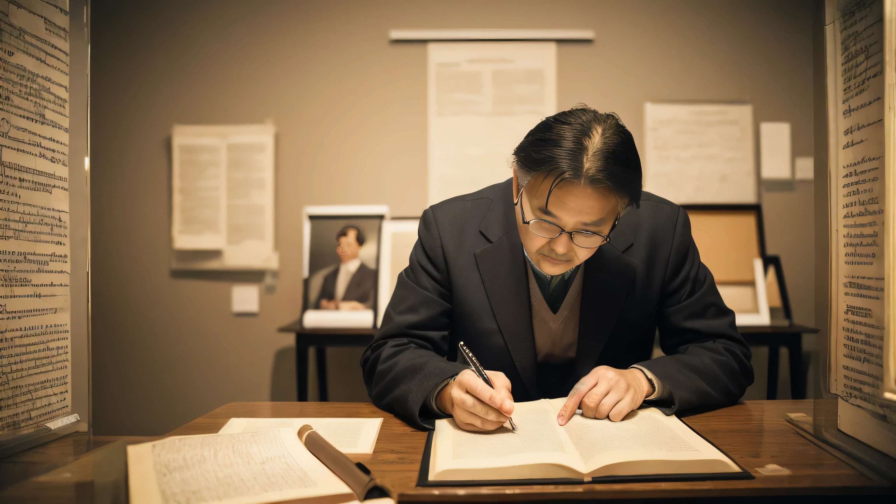 A middle-aged man sitting in a chair studying the Bible、Historical documents、Bible Manuscripts、Outdated、museum、high resolution