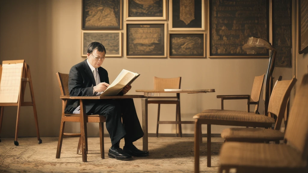 A middle-aged man sitting in a chair studying the Bible、Historical documents、Bible Manuscripts、Outdated、museum、high resolution
