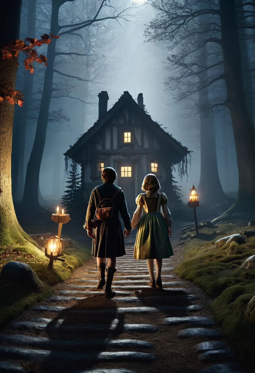cover page, highres, paid reward available, unparalleled masterpiece, terrifying tale, Hansel and Gretel perfect anatomy, good lighting, volumetric lighting, cinematic shadow,