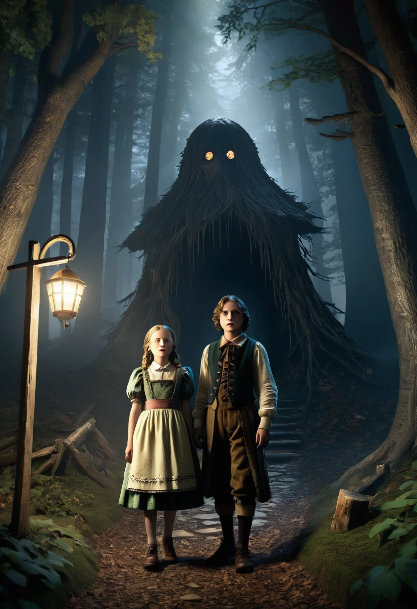 cover page, highres, paid reward available, unparalleled masterpiece, terrifying tale, Hansel and Gretel perfect anatomy, good lighting, volumetric lighting, cinematic shadow,