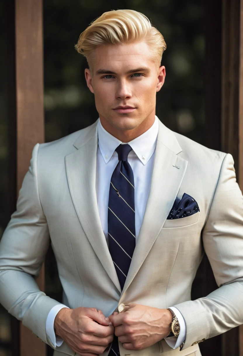 Handsome American man with blonde hair and masculine build. He is wearing a classic American suit.