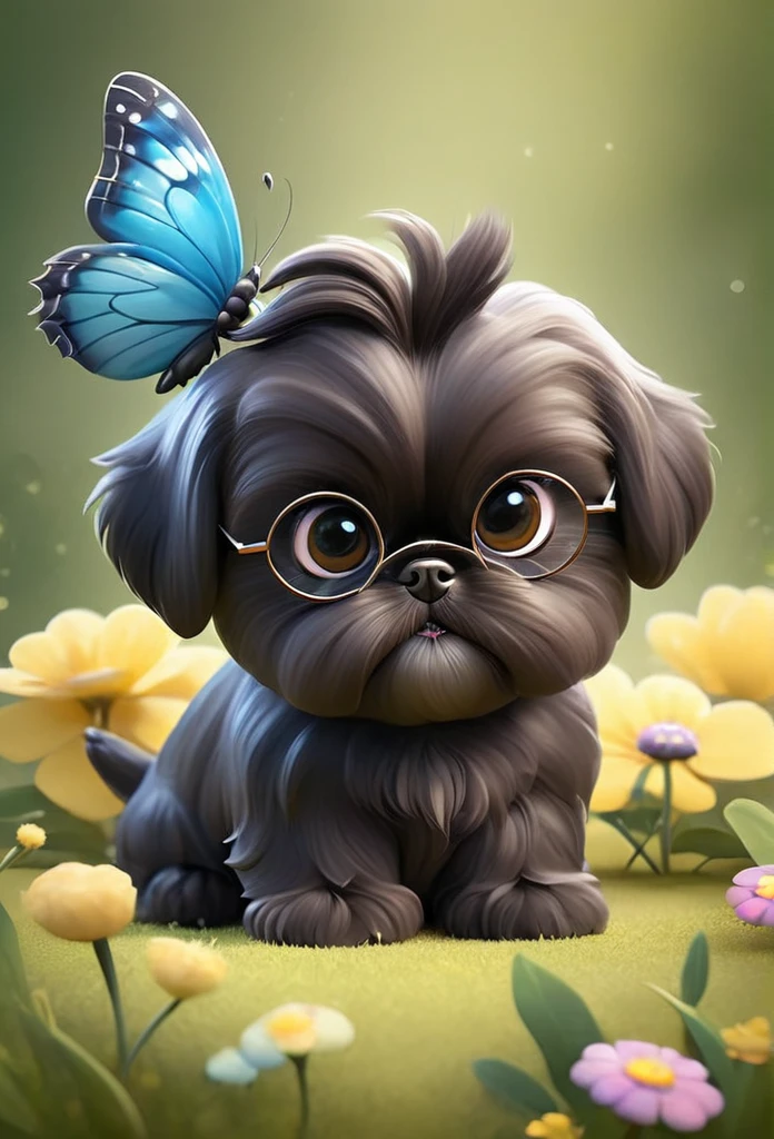2 adorable very small very black Shih Tzu puppies wearing sunglasses playing at park butterflies and flowers in background 3D Pixar style