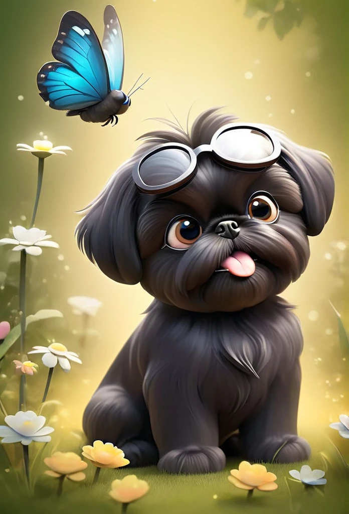 2 adorable very small very black Shih Tzu puppies wearing sunglasses playing at park butterflies and flowers in background 3D Pixar style
