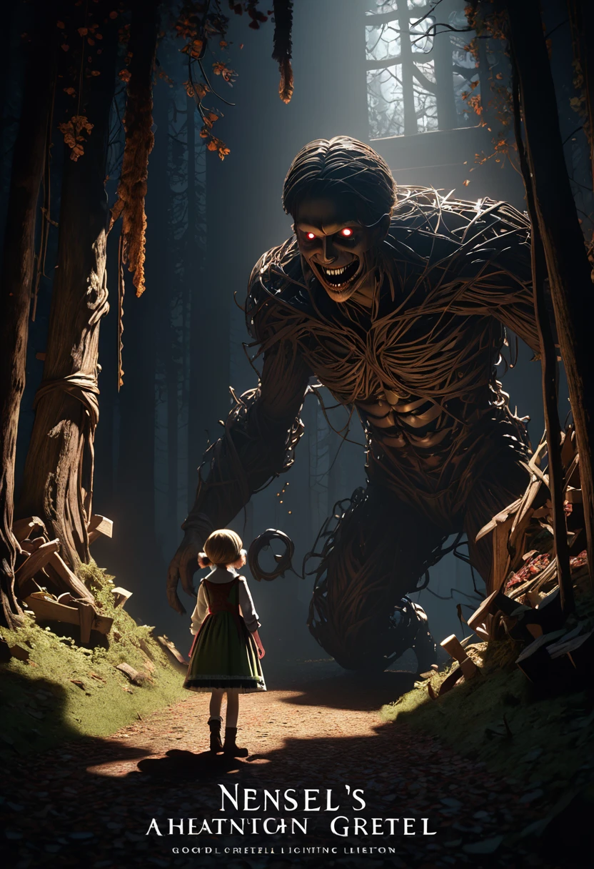 cover page, highres, paid reward available, unparalleled masterpiece, terrifying tale, Hansel and Gretel perfect anatomy, good lighting, volumetric lighting, cinematic shadow,