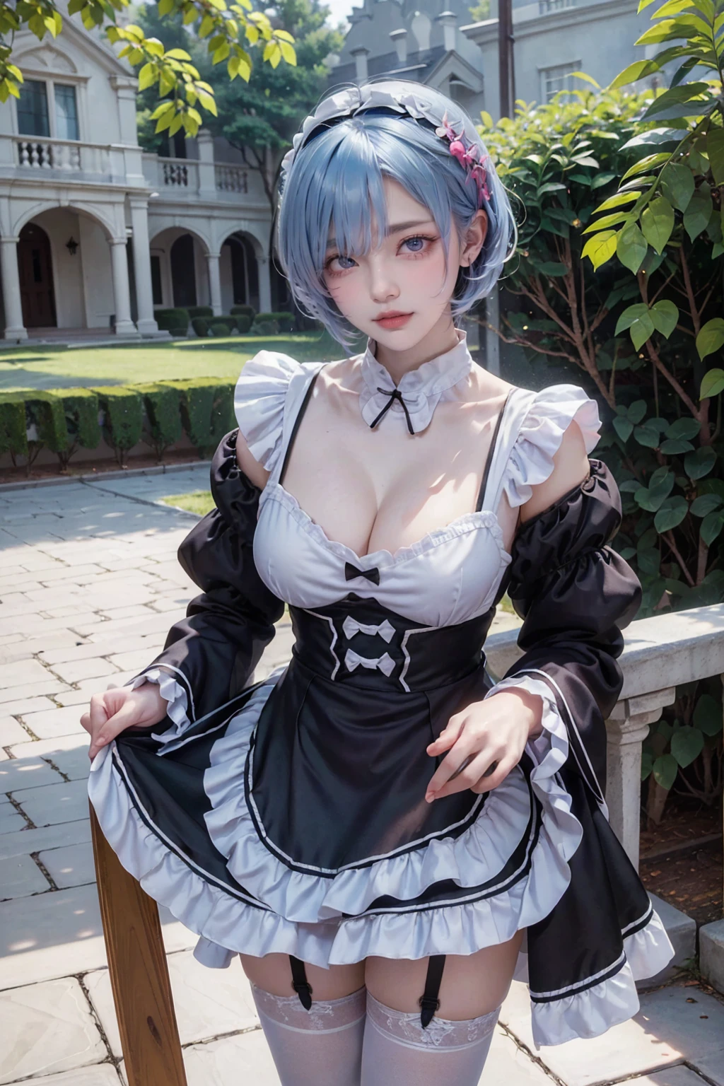 ((16K)),(masterpiece:1.3, Highest quality, Ultra-high resolution, Super detailed), (Realistic, photoRealistic:1.4), Perfect lighting, Depth of written boundary, Browsing Caution, Surrealism,Face Light,(( large breasts)),Beautiful detailed hair,((Beautiful eyelashes)), Beautifully detailed face, Beautiful fine details, Beautiful body, thin脚,Beautiful breasts, Beautiful feet, ((Beautiful fingers)), thin, 1 girl, 23 years old,Perfect Face, Long eyelashes,Perfect Anatomy, Supermodel with a long neck,((Skinny1.2)),(Perfect Anatomy,Anatomically correct, Highly detailed skin), Shiny skin,((beautiful girl:1.1)), rem_\(re:NULL\), ((blue hair, short hair)), (hair over one eye:1.3), eyes_ass visible_through_hair, Blue eyes, roswaal_mansion_maid_uniform, apron, white thighhighs, garter straps, standing, upper body, outdoors, mansion, buzzer, garden, flowers, trees, grass, bushes, sunlight,