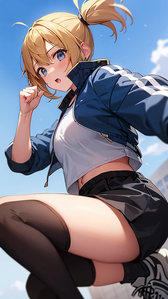 1girl, sporty jacket, ponytails , short pants, blonde hair, karate