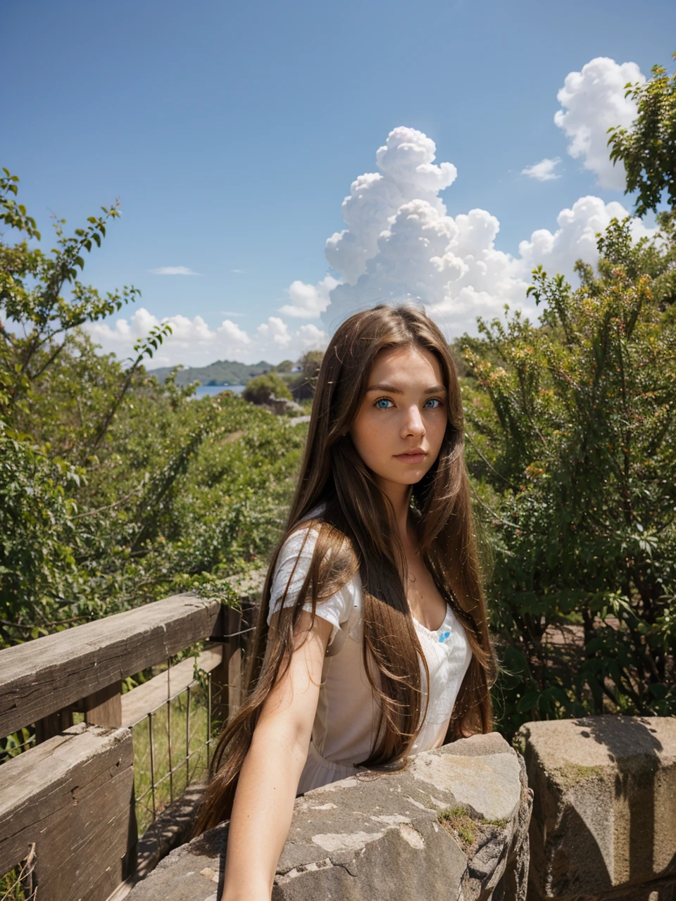 girl with brown long hair and blue eyes. 