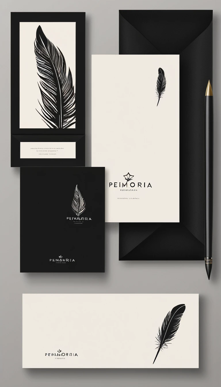 A minimal, modern, simple, cinematic logo design for the brand “Penamemoria". Create a modern, minimalistic, high-quality, logo of a feather that convey a sense of memories and dreams