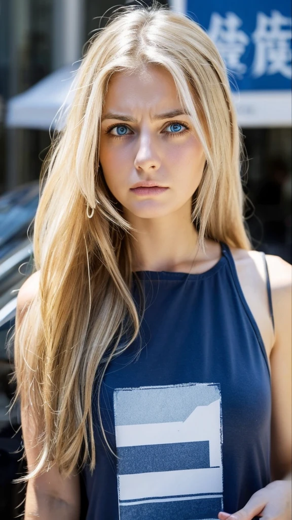 Emily, a young woman with clear blue eyes and tears streaming down her face, is crying out in distress. She has long, blonde hair styled in a casual, tousled look with natural waves and a healthy shine. She is dressed in a summer tank top. She is holding a smartphone showing a declining investment portfolio, looking extremely anxious and upset. The background is dark and gloomy, with warning signs and downward arrows indicating financial decline.