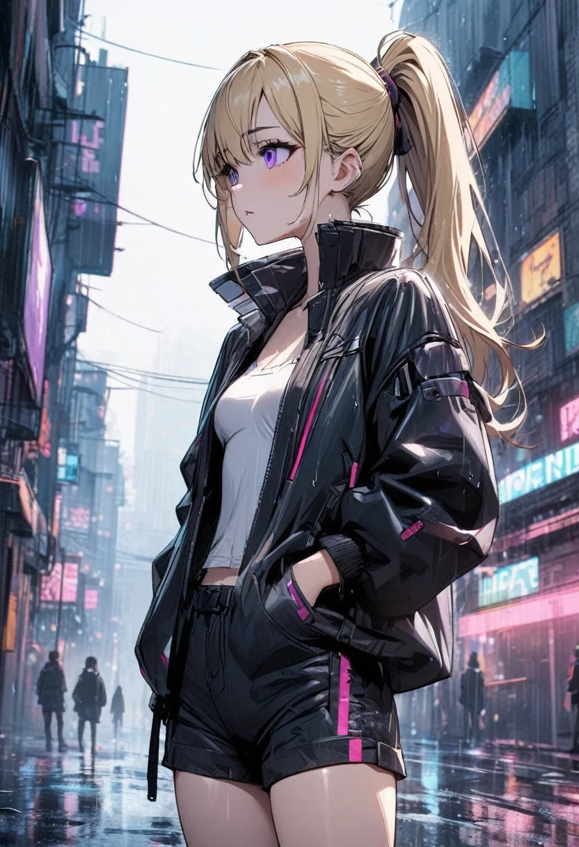 Young girl with blond hair, high ponytail, purple eyes, cyberpunk functional jacket, shorts, high quality masterpiece, rainy day