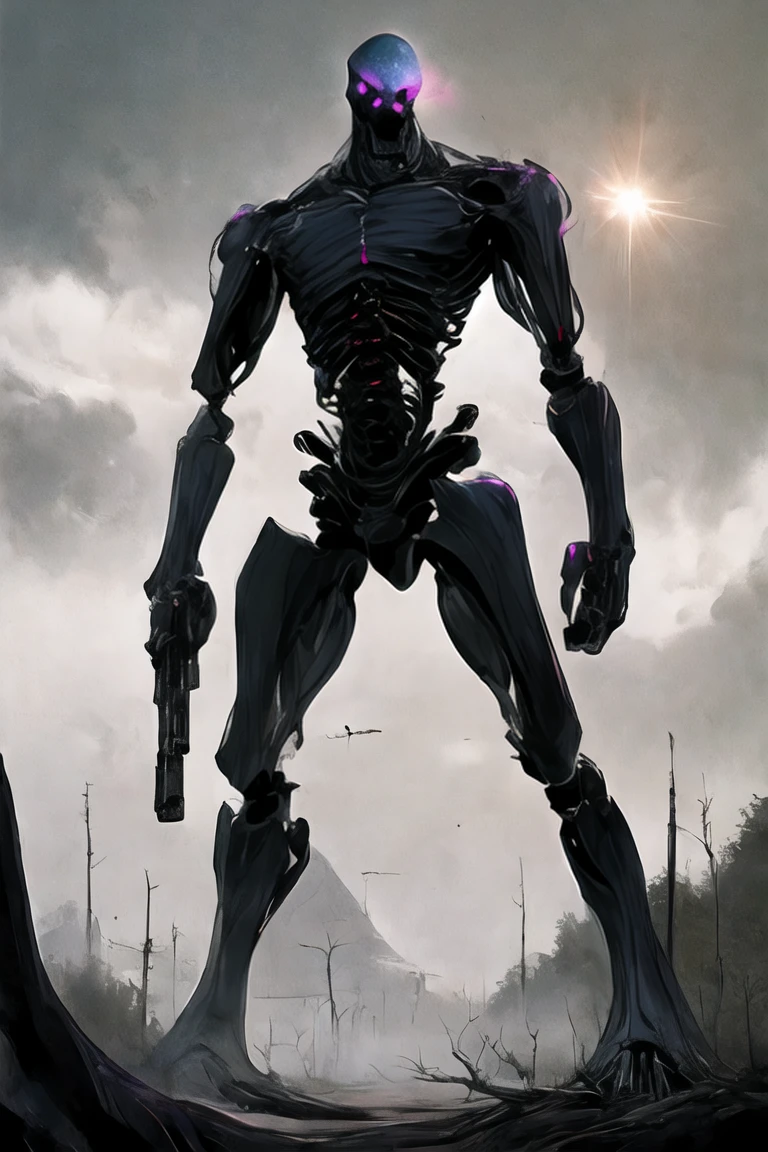 (((Highest quality)))(((Best Image)))外見は黒いfog,Wearing shiny armor,Modern Battle Suit(((Appearance)))The shape is humanoid,Modern weapons(((Features)))Eyes glowing red,The shape is made of purple glowing matter..(((male)))The skeleton is human-like、Muscle fibers are visible.,fogのようなもので構築している(((background)))Barren Land,dead tree,fog,Chaotic world(((Standing posture)))Battle Scenes,overwhelmingly strong,Highest quality。