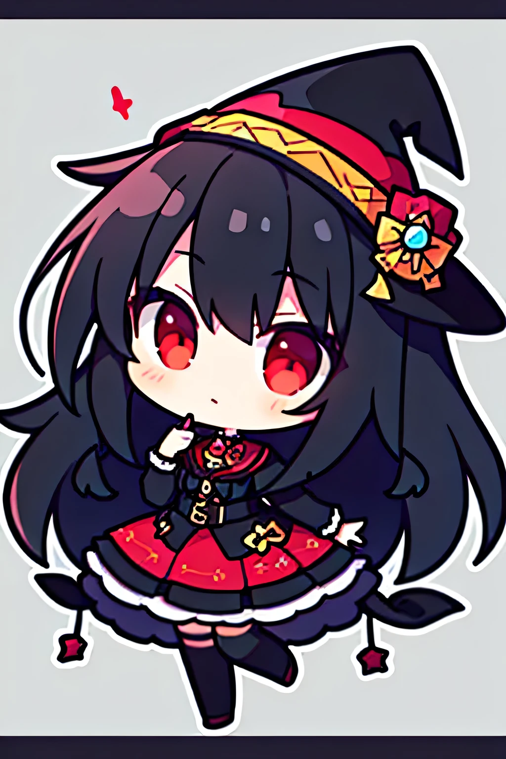 A girl, with a red eyes, blackquality hair, with witch hat