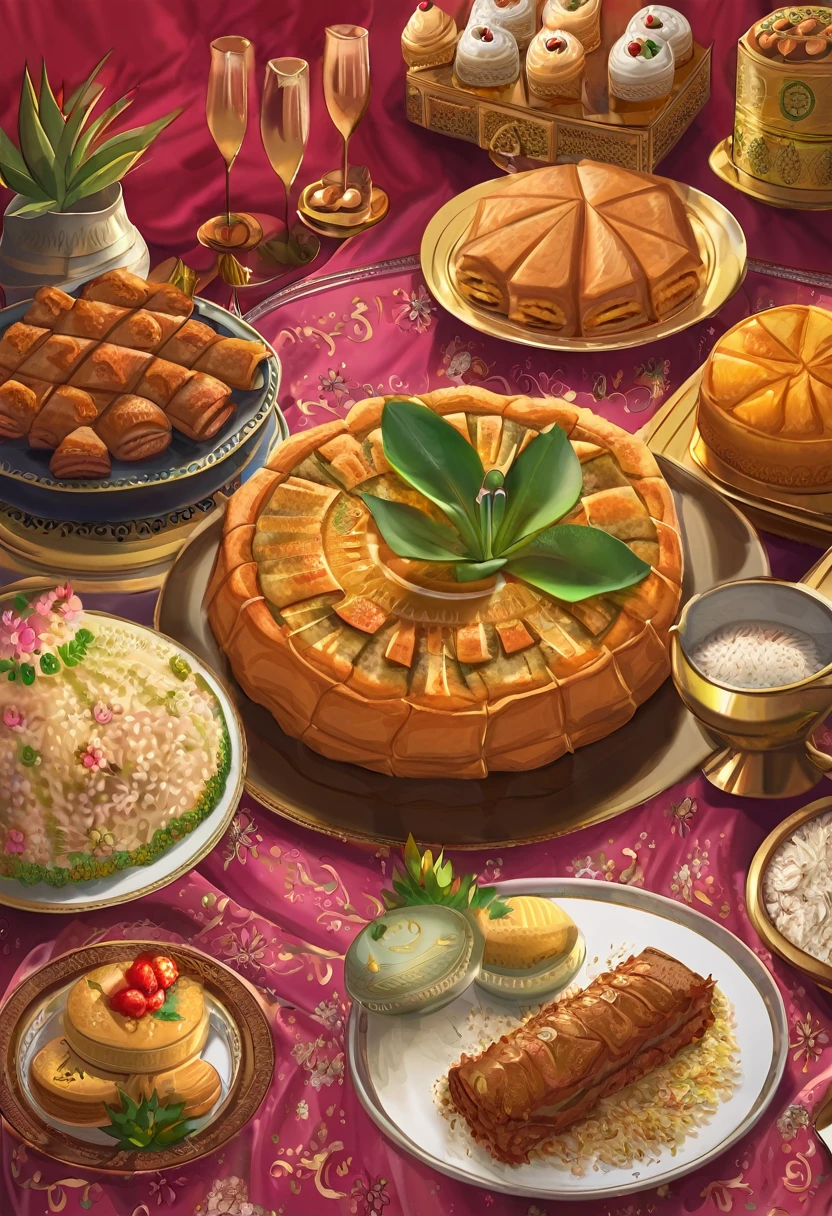 Depicting the sumptuous Eid al-Fitr delicacies, Including succulent lamb or goat dishes, Fragrant Rice, And a variety of delicious desserts,If baklava and mumm cake.